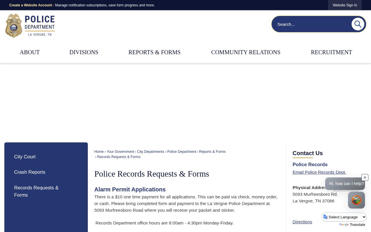 Rutherford County La Vergne police records request page for booking record access