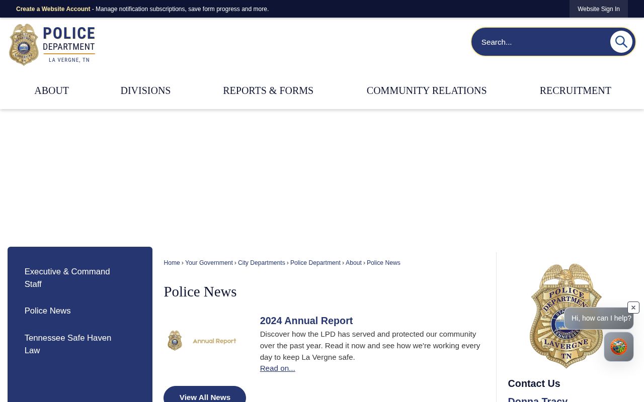 Rutherford County La Vergne Police News page for arrest record information
