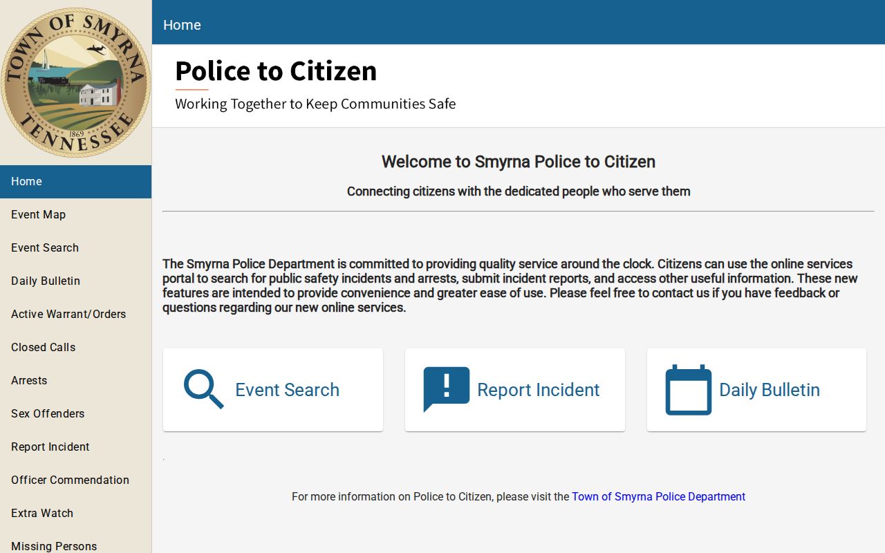 Rutherford County Smyrna Police-to-Citizen arrest record search interface